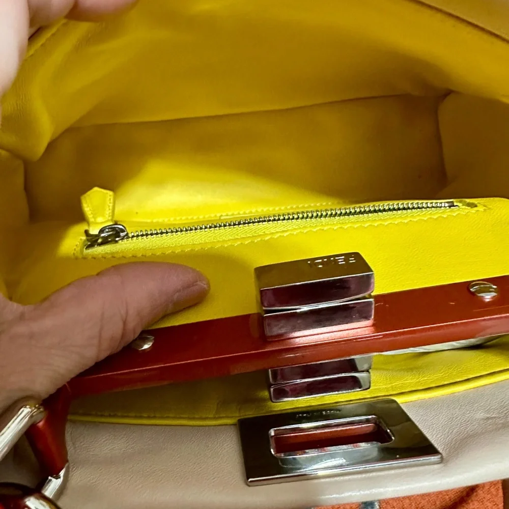 Fendi Peekaboo Cream/blush Leather Satchel with Red Handle and Silver Hardware